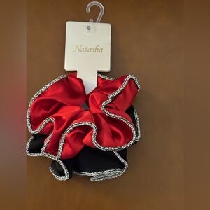 Red and Black Satin Scrunchie with Rhinestone Trim NWT